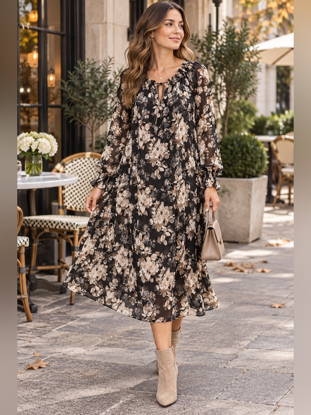 DRESS FORUM Black Taupe Floral Chiffon Long Sleeve Maxi Dress M